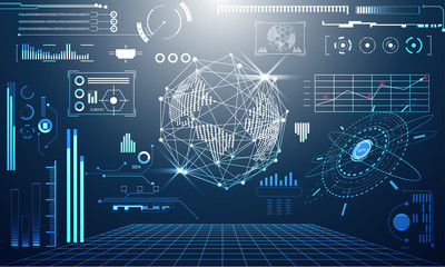 Fototapete - abstract technology ui futuristic concept world digital hud interface hologram elements of digital data chart, communication, circle percent vitality innovation on hi tech future design background