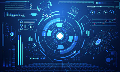 Poster - abstract technology ui futuristic concept hud interface hologram elements of digital data chart, communication, computing and circle percent vitality innovation on hi tech future design background