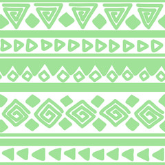 Wall Mural - Seamless green and white geometric background. Ethnic hand drawn pattern for wallpaper, cloth, cover, textile