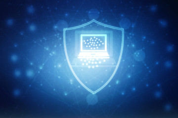 Poster - laptop with shield. Isolated 2d rendering image