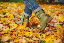 Leather Shoes Walking On Fall Leaves Outdoor
