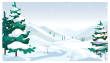 Winter Fields With Falling Snow Vector Illustration. Pine Trees With Snow On Twigs. Season Concept