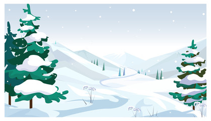 Winter fields with falling snow vector illustration. Pine trees with snow on twigs. Season concept