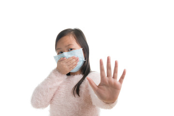 Canvas Print - Asian kid girl age 7 years with protection mask against flu virus