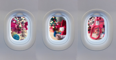 plane window and Christmas ornaments.