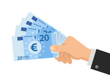 Hand Holds Money Euro 20 Banknotes. Business Concept. Isolated On White Background. Flat Style. Vector Illustration.