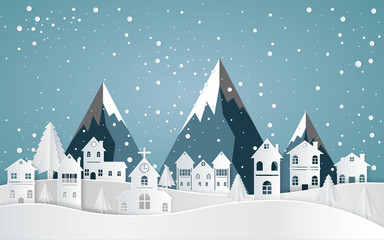 winter with homes and snowy paper art . beautiful scenery in the  design  vector