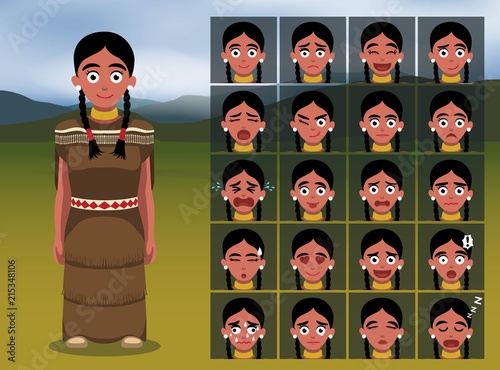 Native American Indian Woman Cartoon Emotion faces Vector Illustration