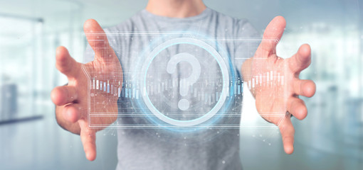 Poster - Man holding a Technology question mark icon on a circle 3d rendering