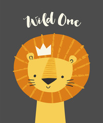 Cute lion in a crown. Wild one brush lettering. Baby lion animal character. Illustration for baby kids poster, nursery wall art, card, invitation, birthday, apparel.