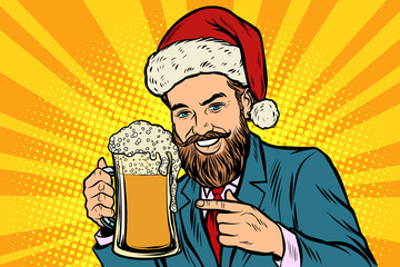 Wall Mural - Christmas and New year. Smiling man with a mug of beer foam