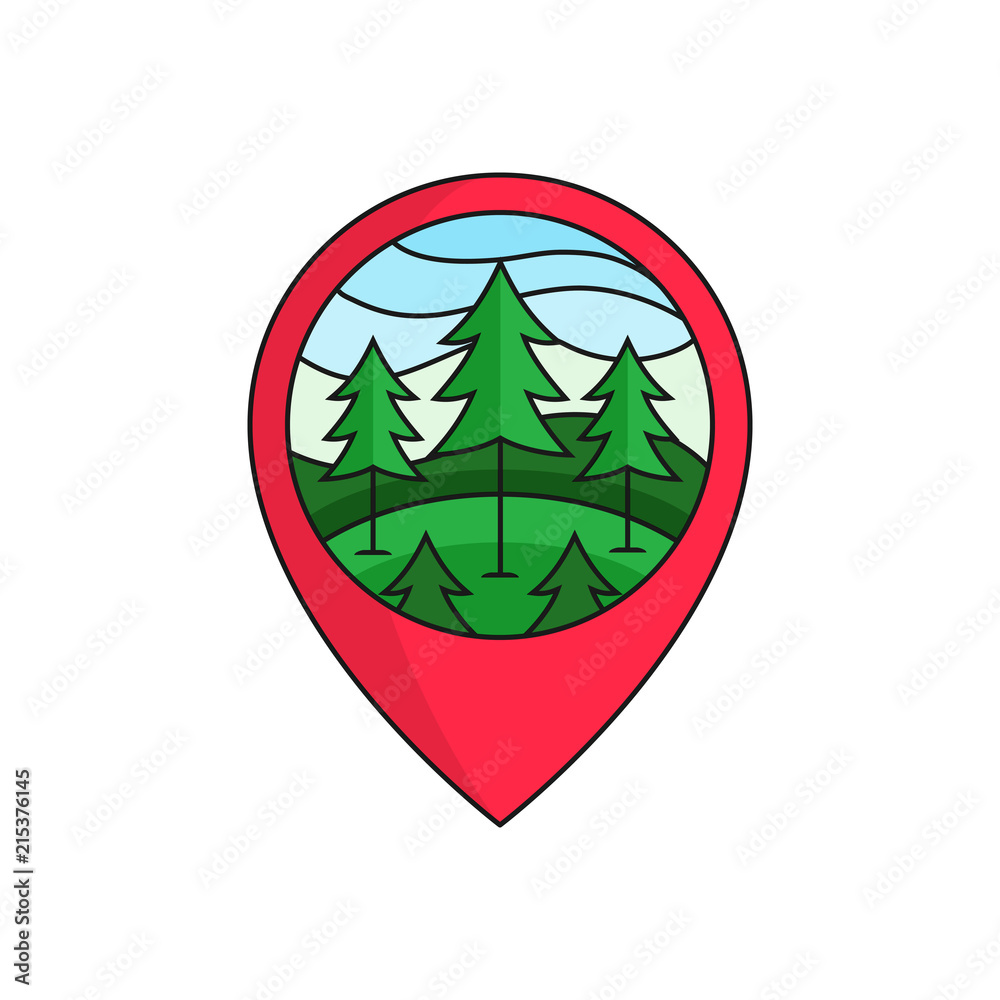 Tree Map Pin Pine forest map pin locator logo badge. pine tree illustration with ...