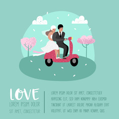 Wall Mural - Wedding People Cartoons Bride and Groom Characters Poster Card. Romantic Ceremony Elements with Happy Couple. Vector illustration