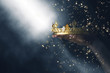 Leinwandbild Motiv mysteriousand magical image of woman's hand holding a gold crown over gothic black background. Medieval period concept.
