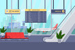 Airport terminal interior, vector flat illustration. Lounge, departure hall with chairs, window, airplane on background.