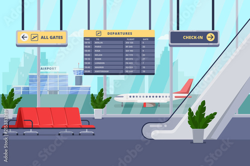 Fotografía Airport terminal interior, vector flat illustration