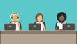 © irynaalex - Web banner of call center workers. Young women in headphones are sitting at the desk. People icons. Vector illustration