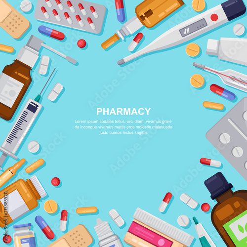 Pharmacy frame with pills, drugs, bottles. Drugstore vector ...
