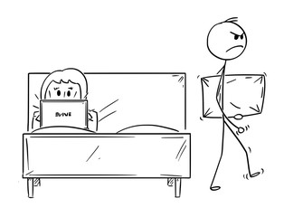 Sticker - Cartoon stick drawing conceptual illustration of couple. Man offered sex or sexual intercourse, woman is rejecting and working on computer instead. Man is leaving bed angry with pillow in hand