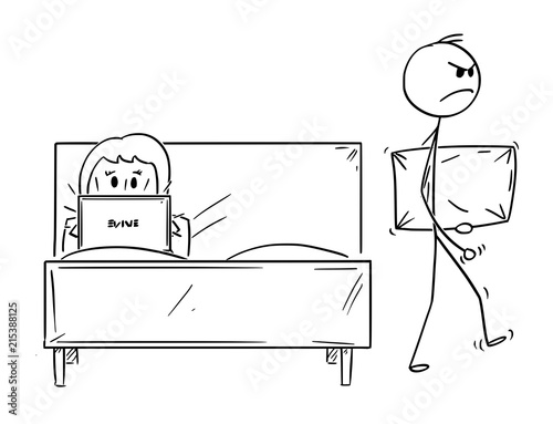 Cartoon Stick Drawing Conceptual Illustration Of Couple Man Offered Sex Or Sexual Intercourse Woman Is Rejecting And Working On Computer Instead Man Is Leaving Bed Angry With Pillow In Hand Buy
