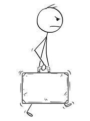 Wall Mural - Cartoon stick drawing conceptual illustration of angry man or businessman walking with suitcase.