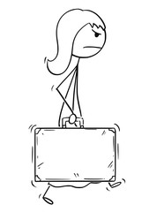 Wall Mural - Cartoon stick drawing conceptual illustration of angry woman or businesswoman walking with suitcase.