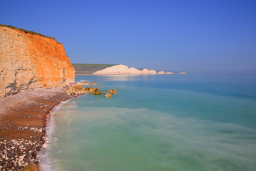 Poster - Seven Sisters chalk cliffs East Sussex uk with clear blue turquoise sea