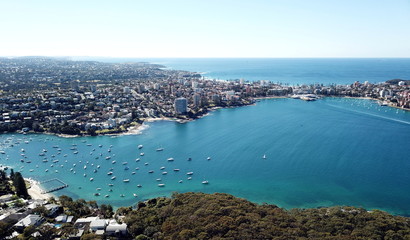 aerial view of manly beach, north harbour and tasman sea. view from tania park, dobroyd head (sydney