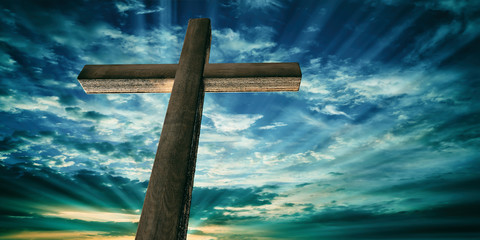 crucifixion of jesus christ, wooden cross, sky at sunset background. 3d illustration