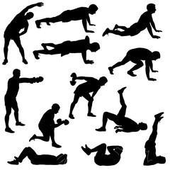 Icons of man doing sport exercises isolated.