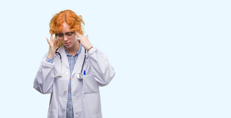 Poster - Young redhead woman wearing doctor uniform with hand on head for pain in head because stress. Suffering migraine.