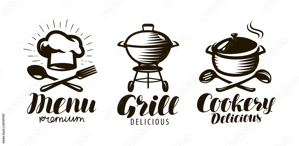 Cookery, grill, menu logo or label. Food concept. Lettering vector illustration - obrazy, fototapety, plakaty 