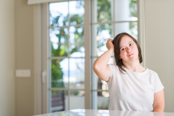 Sticker - Down syndrome woman at home confuse and wonder about question. Uncertain with doubt, thinking with hand on head. Pensive concept.