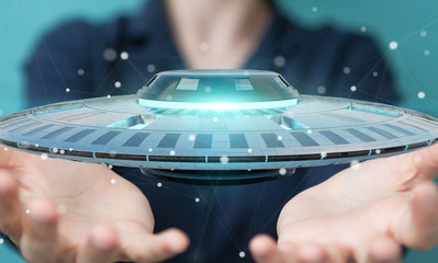 Poster - Businesswoman with retro UFO spaceship 3D rendering