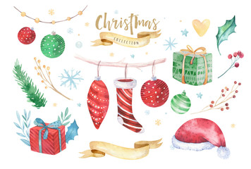 Merry Christmas and Happy New Year 2019 decoration winter set. Watercolor holiday background. Xmas element card. Isolated elements.