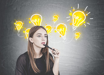 Poster - Pensive young woman with pen, idea