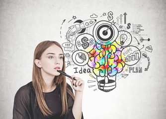 Poster - Pensive young woman with pen, creative idea