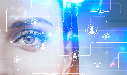 young woman s face, network hologram