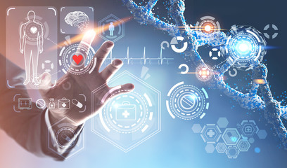 Poster - man interacting with medical interface, dna