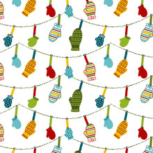 Hanging Mittens Seamless Pattern. Repeating Pattern For Holiday Cards, Gift Wrap, Decorations And More. Whimsical, Cute Christmas Print.