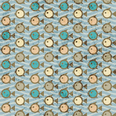 Aufkleber - Seamless background pattern. Cartoon fishes on grunge wavy texture. Vector image.