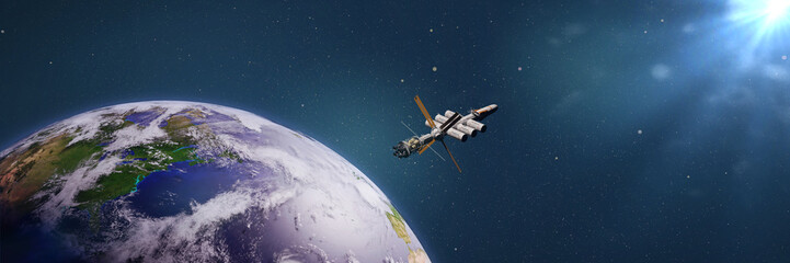 Wall Mural - spaceship in orbit of planet earth, start of an interplanetary journey