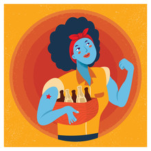 Retro Strong Powerful Woman Illustration. Inspired By The Famous World War Two Propaganda Poster Of Rosie The Riveter Calling For Women To Play Their Part In The War Effort