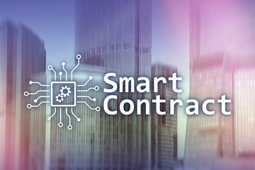 Smart contract, blockchain technology in business, finance hi-tech concept. Skyscrapers background.