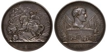 France French Silver Medal Mid 19th Century, Napoleon Passing St. Bernard Passage, Marengo Battle, Napoleon On Horse Making Passage In Mountains With Thunderbolts, Battle Scene, Crossed Flags, Cannons