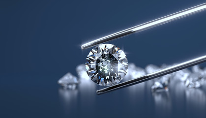 Fototapete - Diamond in tweezers on a blue background with diamonds group soft focusing, 3d rendering.