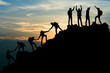 Leinwandbild Motiv Group of people on peak mountain climbing helping team work , travel trekking success business concept