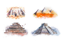 Watercolor Drawing Most Famous Buildings, Architecture, Sights Of Different Countries. Abu Simbel, Great Temple Of Ramesses, Giza Pyramids, Queens Pyramids, Chichen Itza, Temple Of Kukulkan Pyramid Of