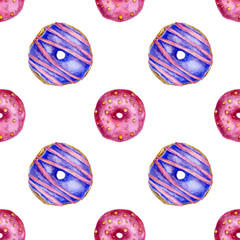 Watercolor hand painted seamless pattern with pink and violet donuts isolated on white 