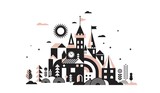 Fototapeta Big Ben - Geometric fairy tale kingdom, knight and princess castle, children room, class wall decoration. Colorful vector illustration